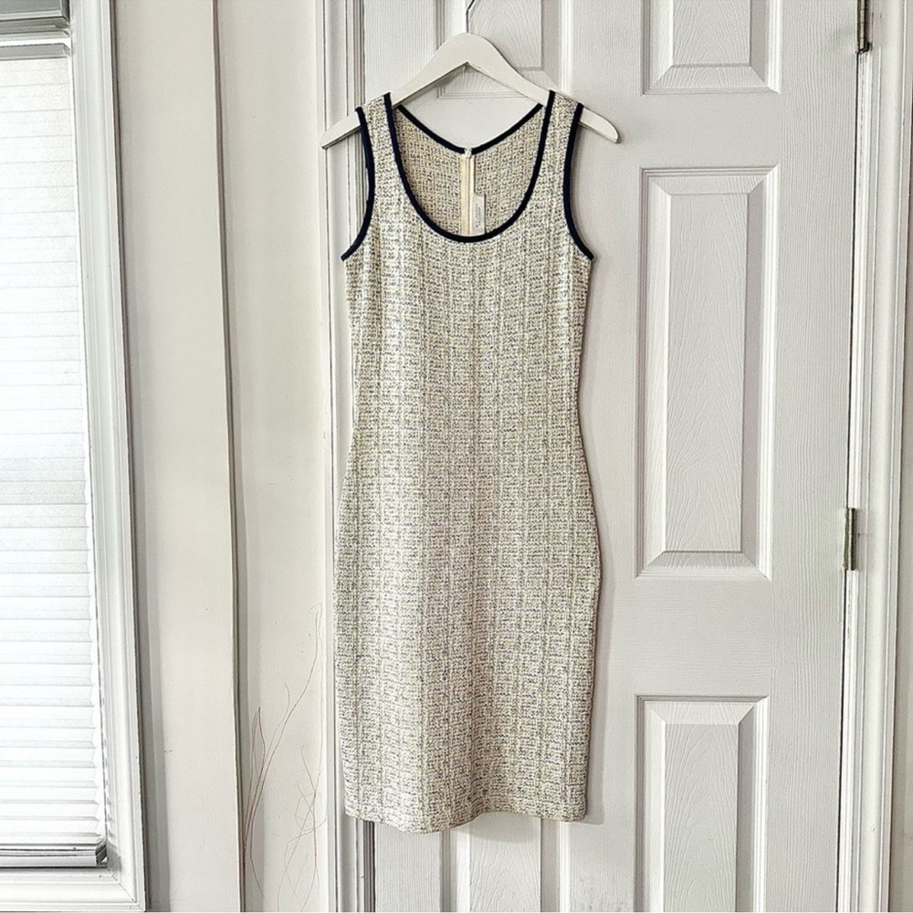 St. John Collection Vintage Ivory Blue Boucle Woven Scoop Neck Midi Sheath Dress